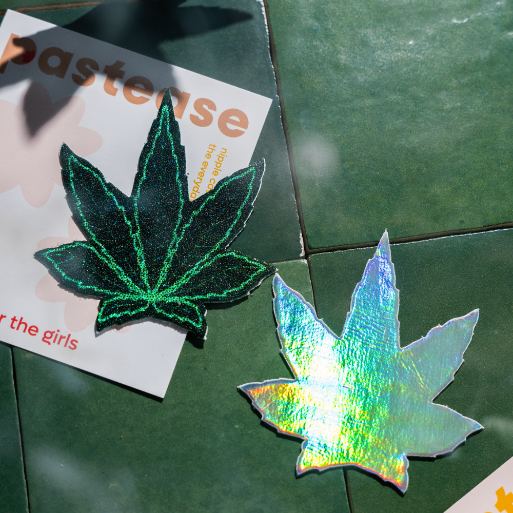 Indica Pot Leaf: Silver Holographic Weed Nipple Pasties by Pastease®