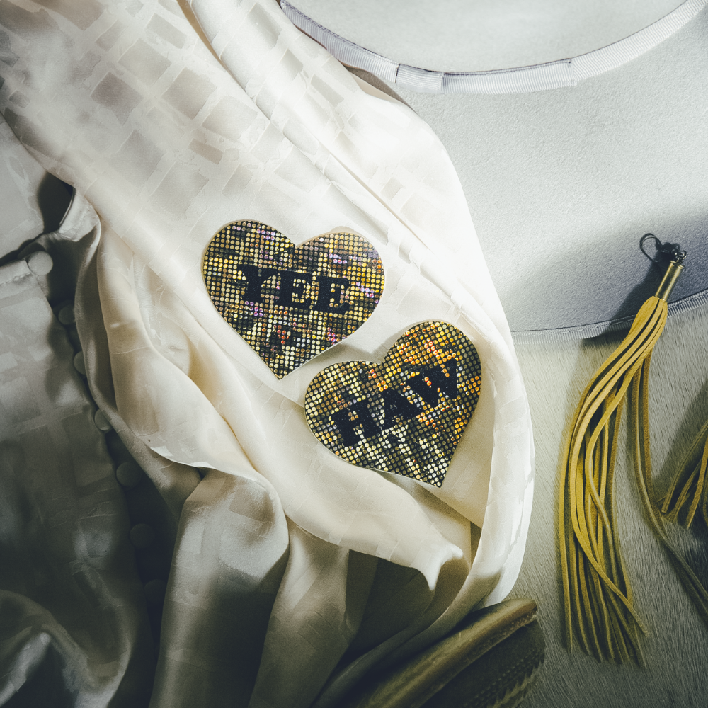 Love: 'YEE HAW' in Black on Gold Glitter Disco Heart Nipple Pasties by Pastease® o/s