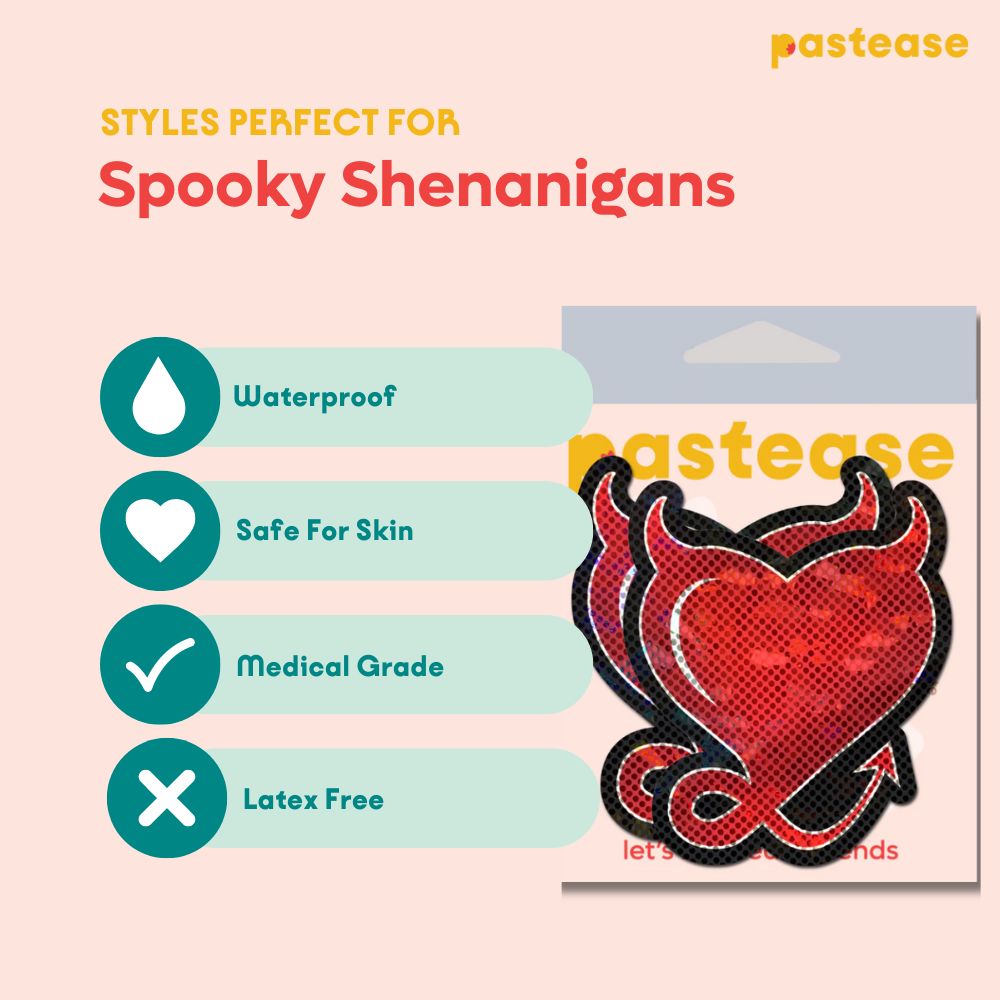 Devil Heart: Red Glittering Hearts with Horns & Tail Nipple Pasties by Pastease®