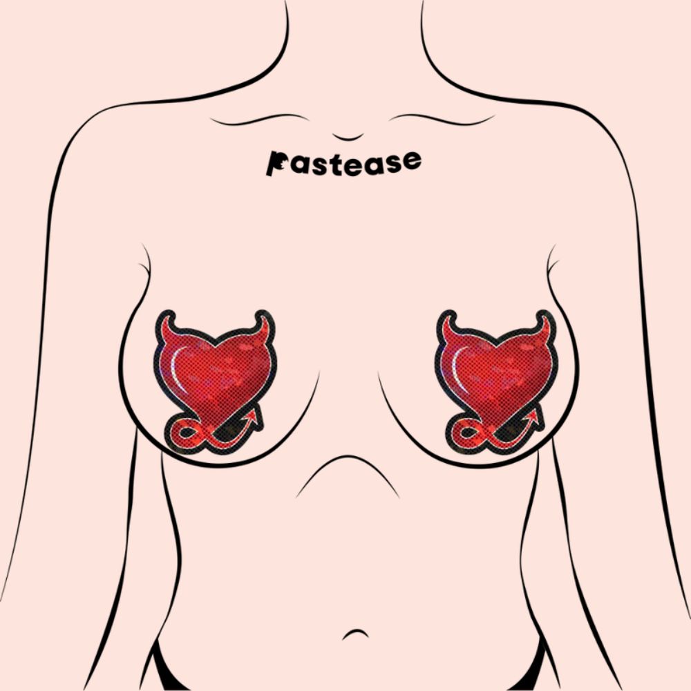 Devil Heart: Red Glittering Hearts with Horns & Tail Nipple Pasties by Pastease®