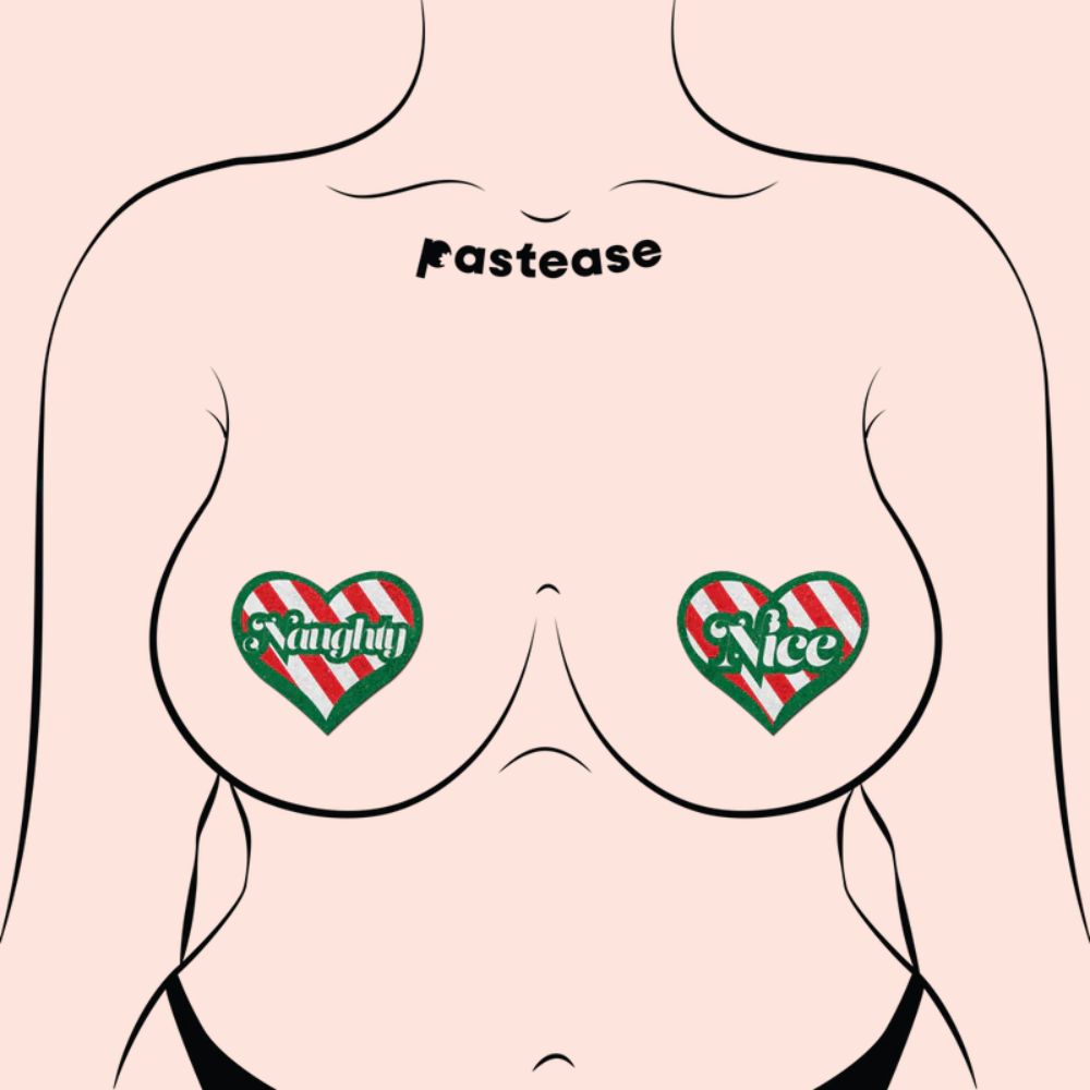 Love: Green, Red and White Velvet Naughty and Nice Heart Nipple Pasties by Pastease®
