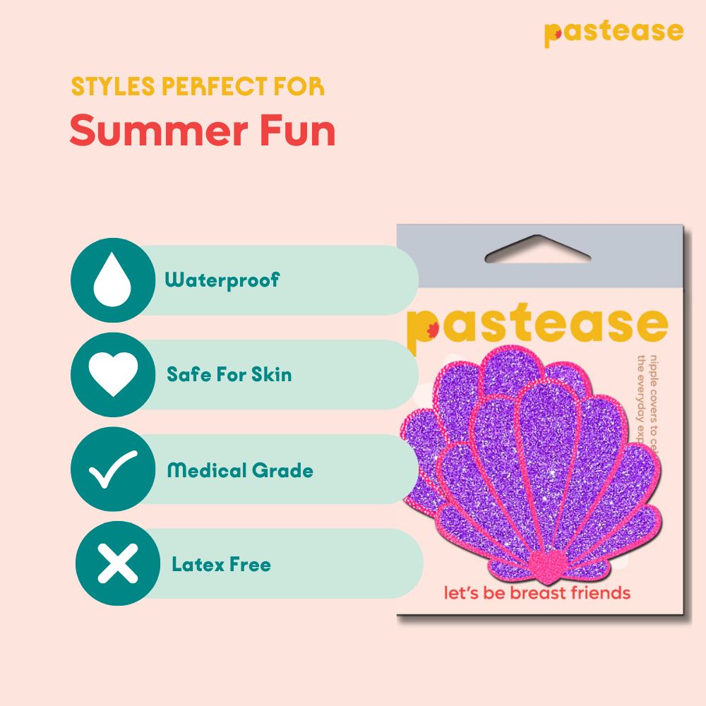Mermaid Shell Pasties in Neon Pink & Purple Glitter Seashell Nipple Covers by Pastease®