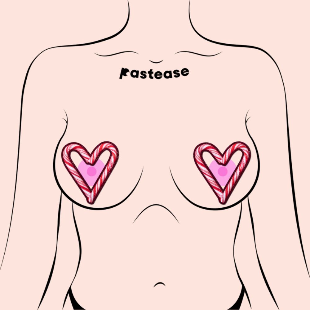 Peek-a-Boob: Candy Cane Heart Red & White Cut-Out Nipple Pasties by Pastease®