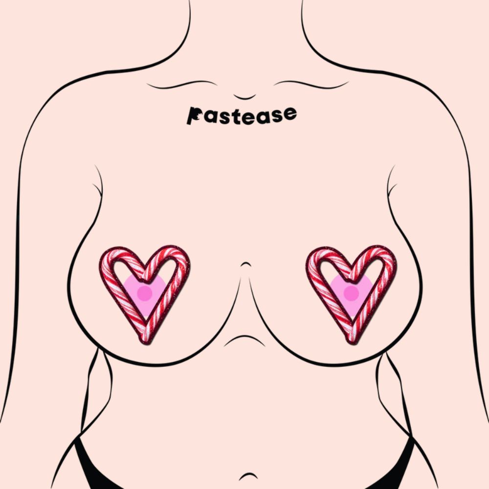Peek-a-Boob: Candy Cane Heart Red & White Cut-Out Nipple Pasties by Pastease®