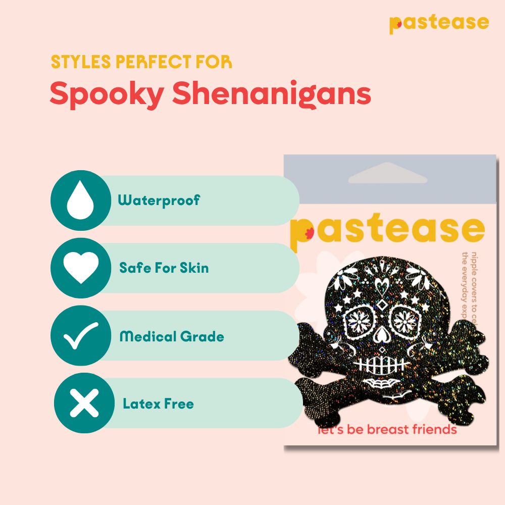Black Glitter Candy Skull & Crossbones Nipple Pasties by Pastease® o/s