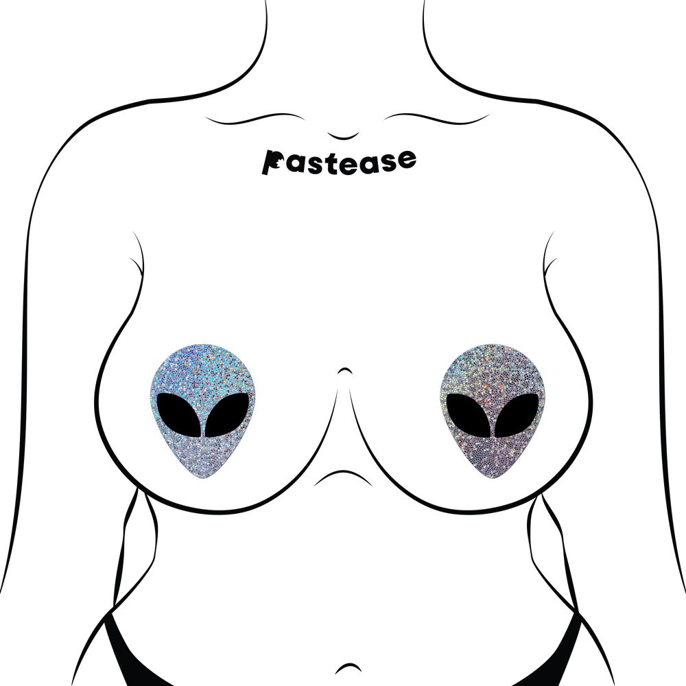 Alien: Silver Glitter Alien with Spacey Black Eyes Nipple Pasties by Pastease® o/s