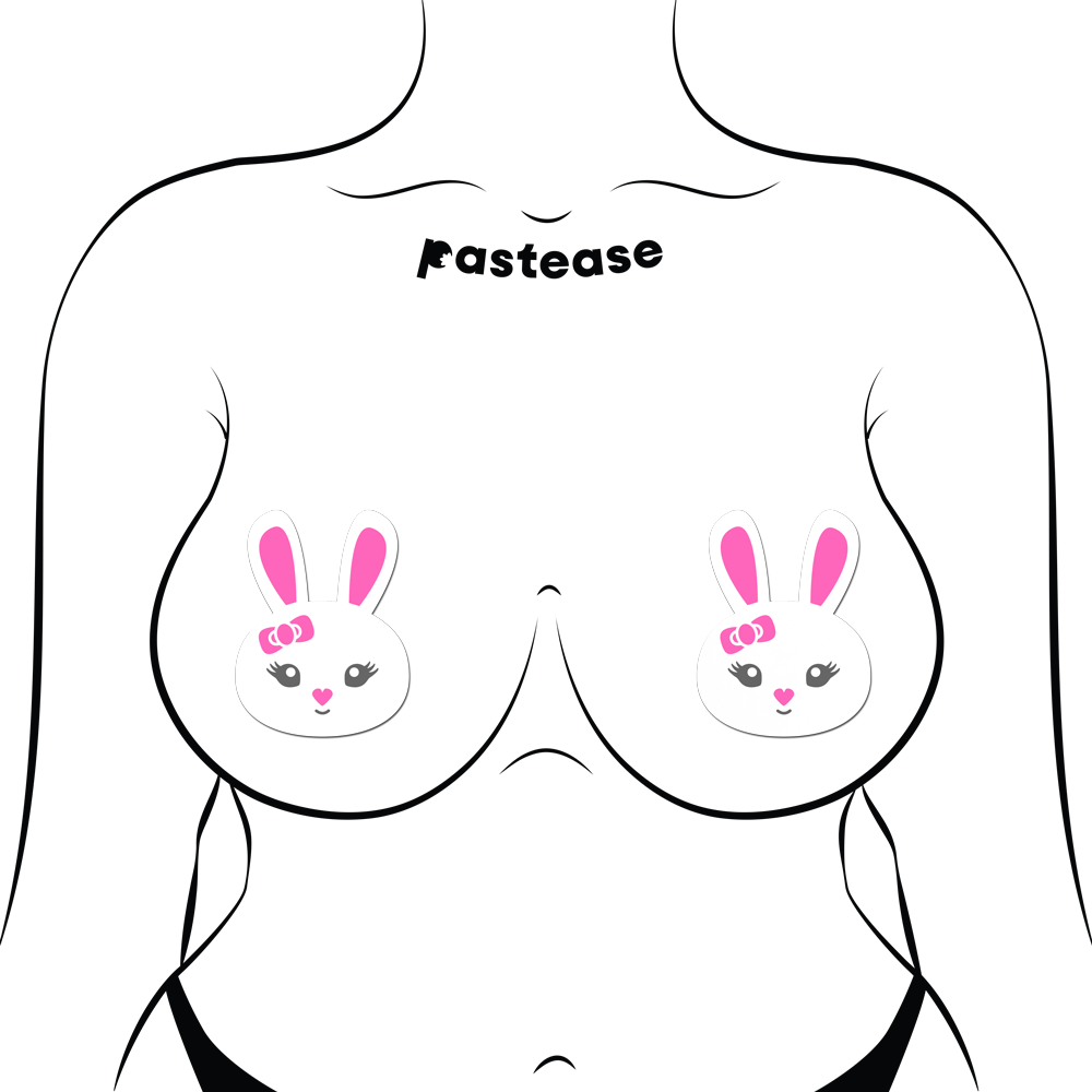 Bunny: Cute White Bunny with Pink Heart Nose, Ears, & Bow Nipple Pasties By Pastease® o/s