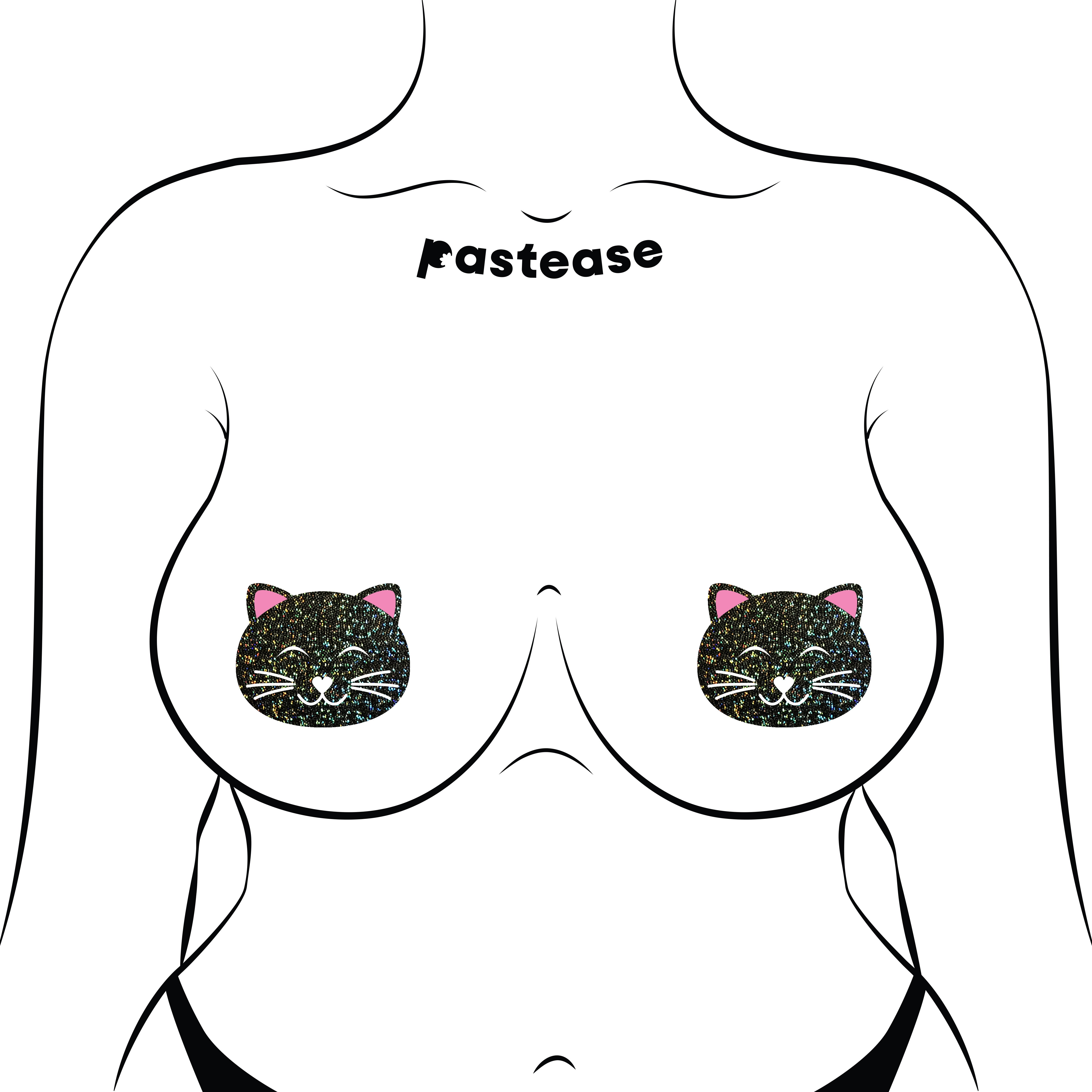 Kitty Cat: Happy Black Glitter Kitty Cat Nipple Pasties by Pastease® o/s