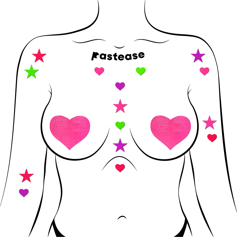 Pastease Confetti: Neon Green, Red, Pink & Purple Baby Star & Heart Body Pasties by Pastease®