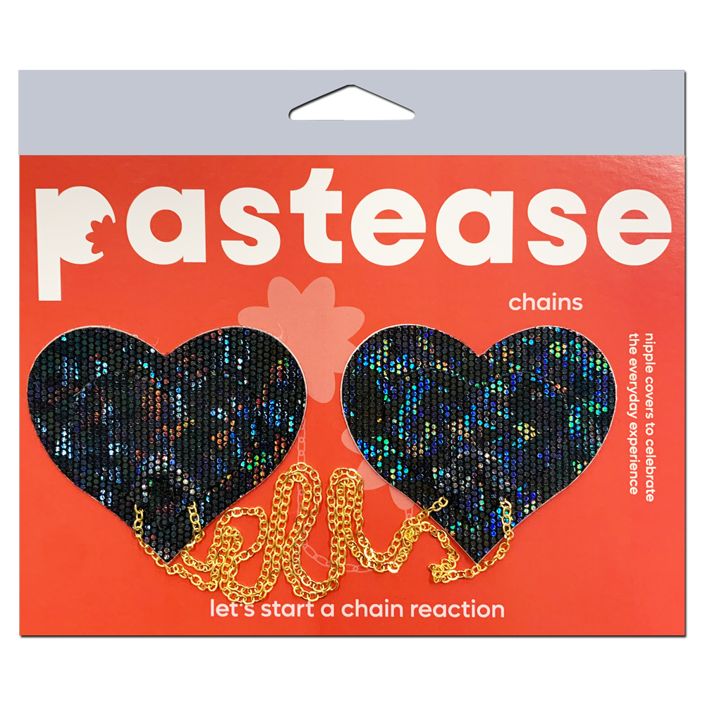 Chains: Black Shattered Disco Ball Heart with Gold Chains Nipple Pasties by Pastease®