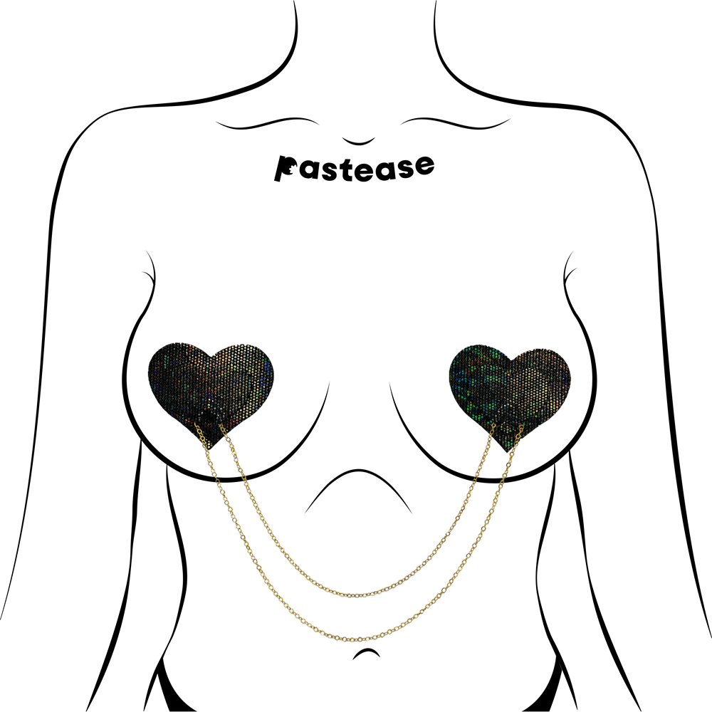 Chains: Black Shattered Disco Ball Heart with Gold Chains Nipple Pasties by Pastease®