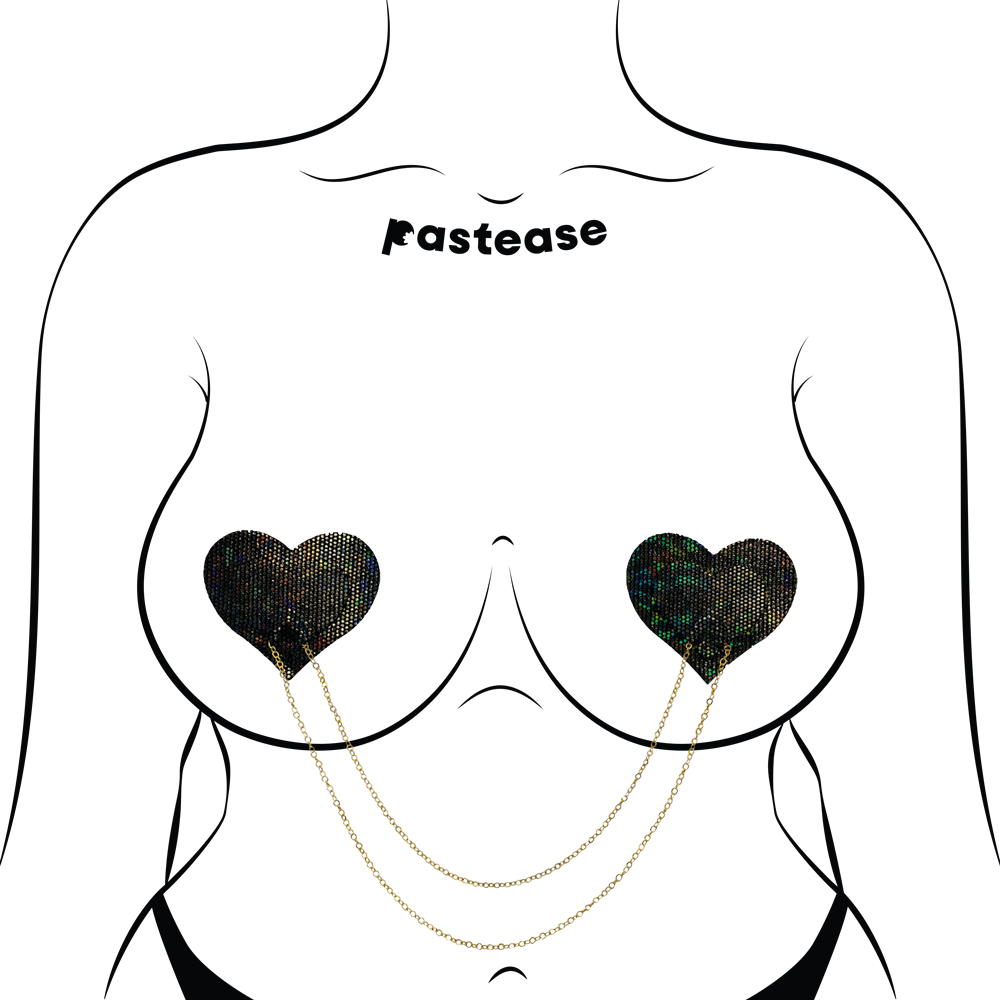 Chains: Black Shattered Disco Ball Heart with Gold Chains Nipple Pasties by Pastease®