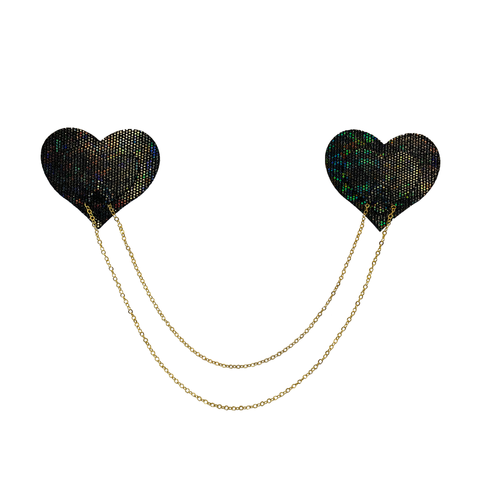 Chains: Black Shattered Disco Ball Heart with Gold Chains Nipple Pasties by Pastease®