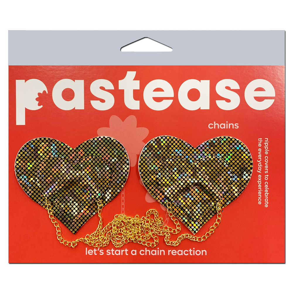 Chains: Gold Shattered Disco Ball Heart with Gold Chains Nipple Pasties by Pastease®