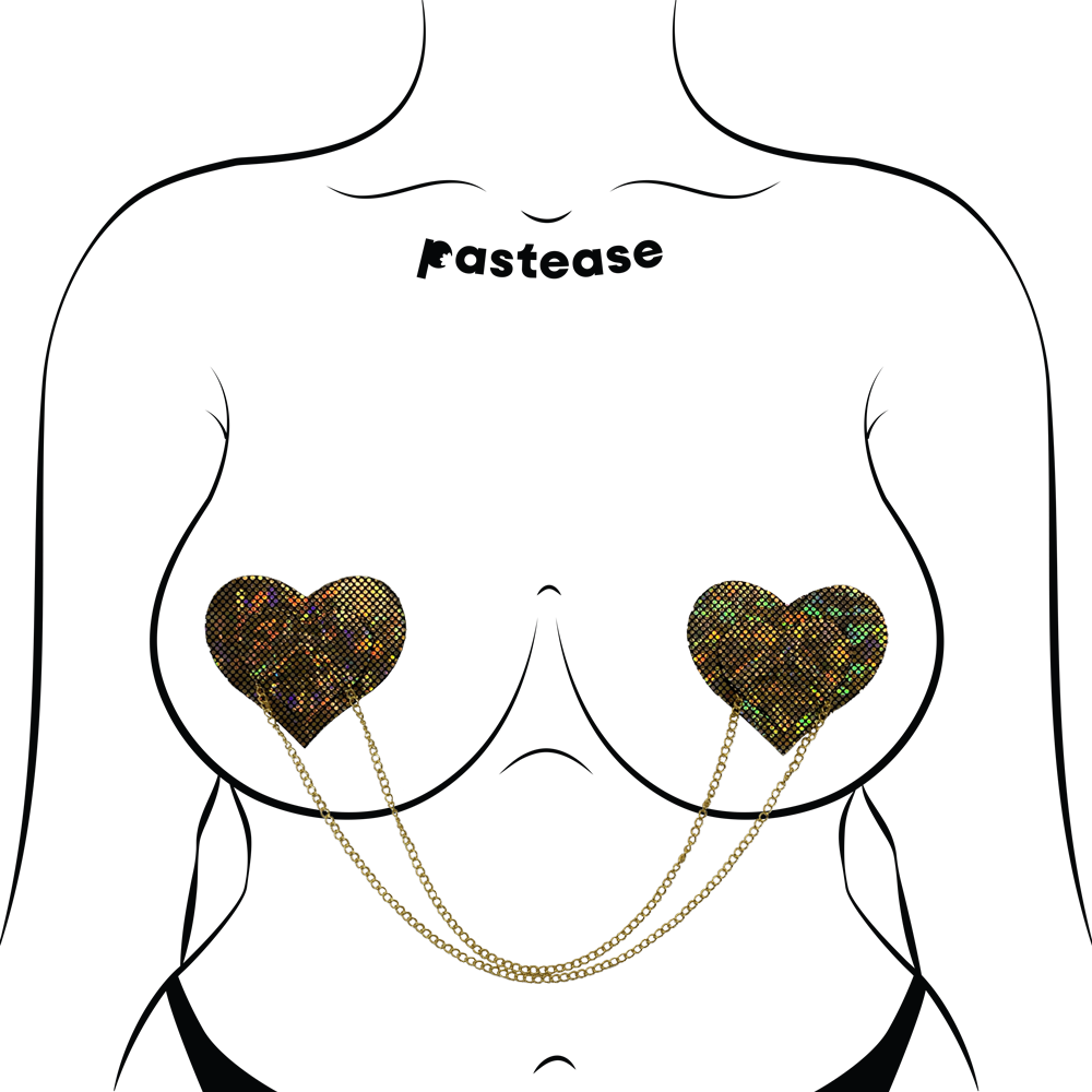 Chains: Gold Shattered Disco Ball Heart with Gold Chains Nipple Pasties by Pastease®