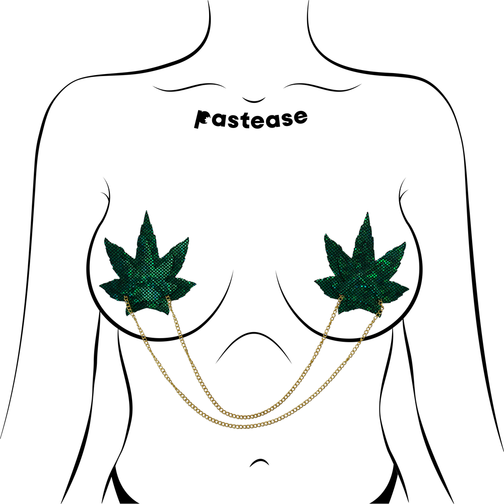 Chains: Shattered Glass Disco Ball Green Weed with Gold Chain Nipple Pasties by Pastease®