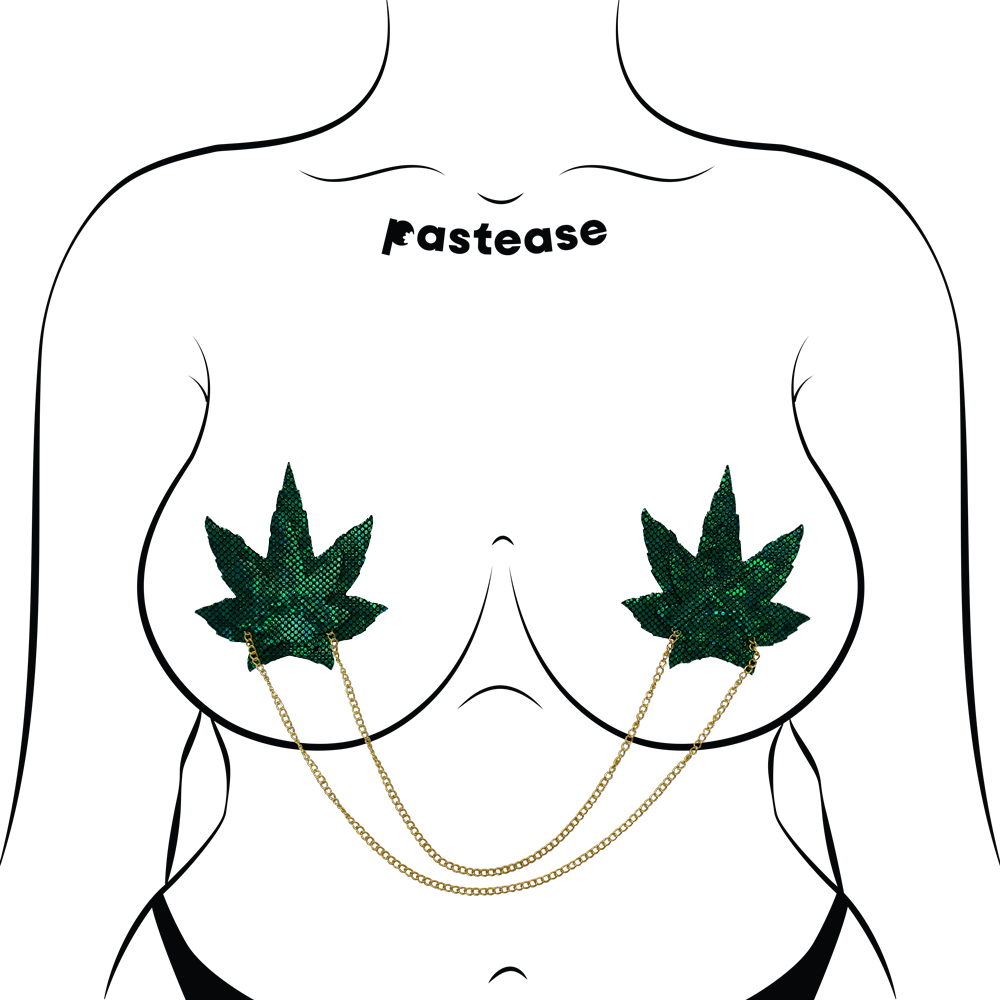 Chains: Shattered Glass Disco Ball Green Weed with Gold Chain Nipple Pasties by Pastease®