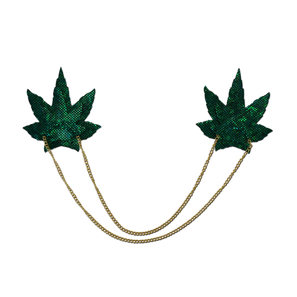 Chains: Shattered Glass Disco Ball Green Weed with Gold Chain Nipple Pasties by Pastease®