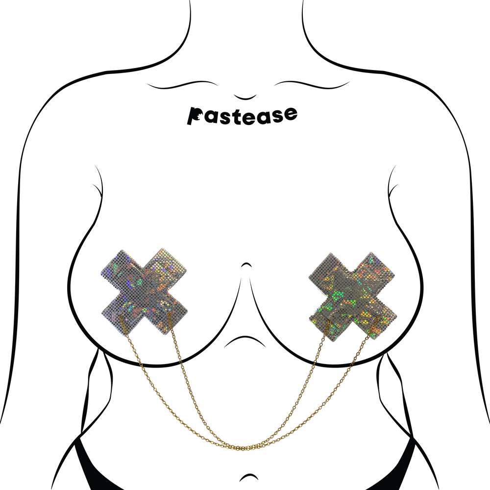 Chains: Shattered Glass Disco Ball Glitter White Cross with Gold Chain Nipple Pasties by Pastease®