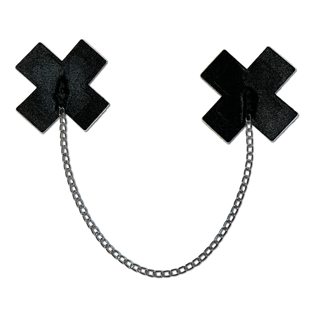 Chains: Liquid Black Plus X Cross with Chunky Silver Chain Nipple Pasties by Pastease®