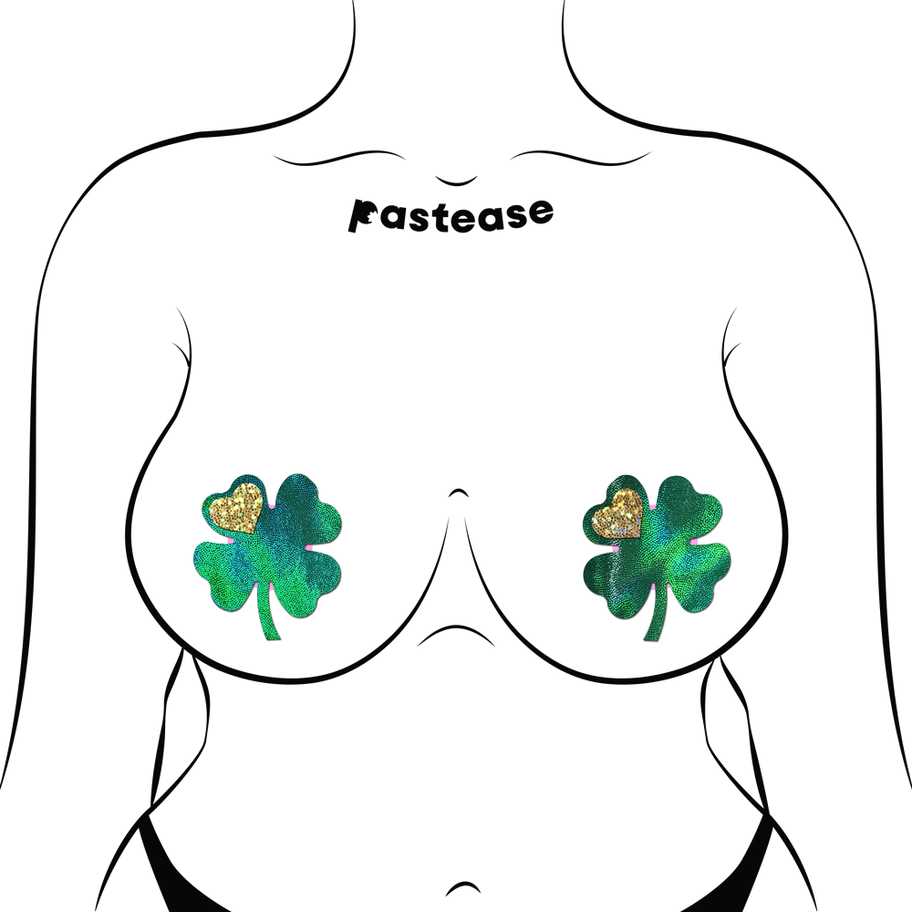 Four Leaf Clover: Holographic Green Shamrocks with Hearts o' Gold Nipple Pasties by Pastease®