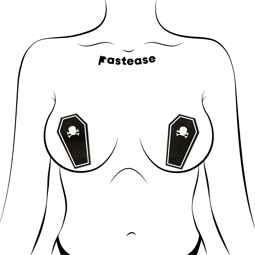 Black Coffin With Glow in the Dark Skull & Crossbones Halloween Breast Pasties by Pastease®
