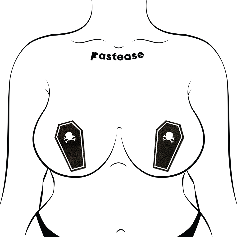 Black Coffin With Glow in the Dark Skull & Crossbones Halloween Breast Pasties by Pastease®