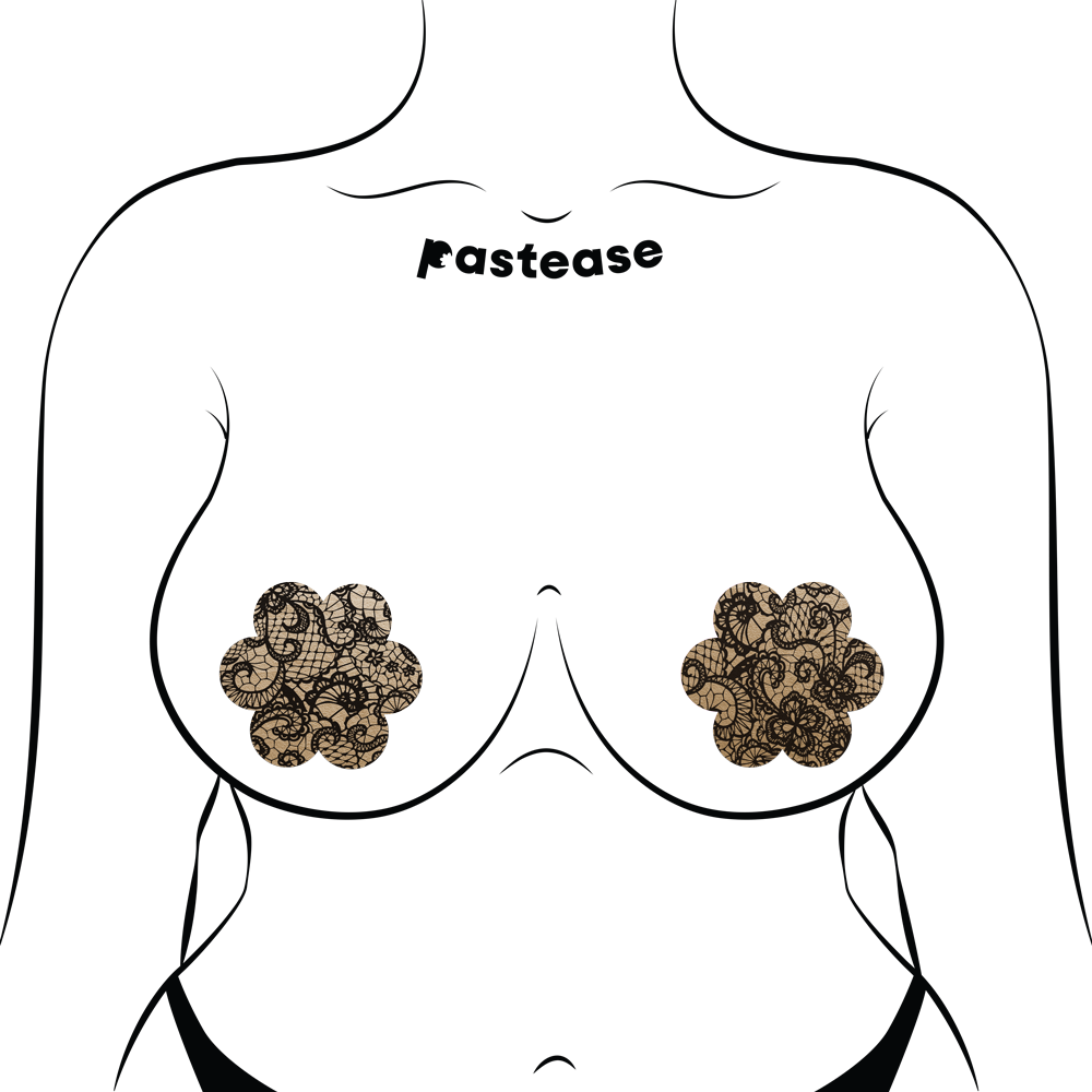 Daisy: Light Nude with Black Lace Flower Nipple Pasties by Pastease® o/s