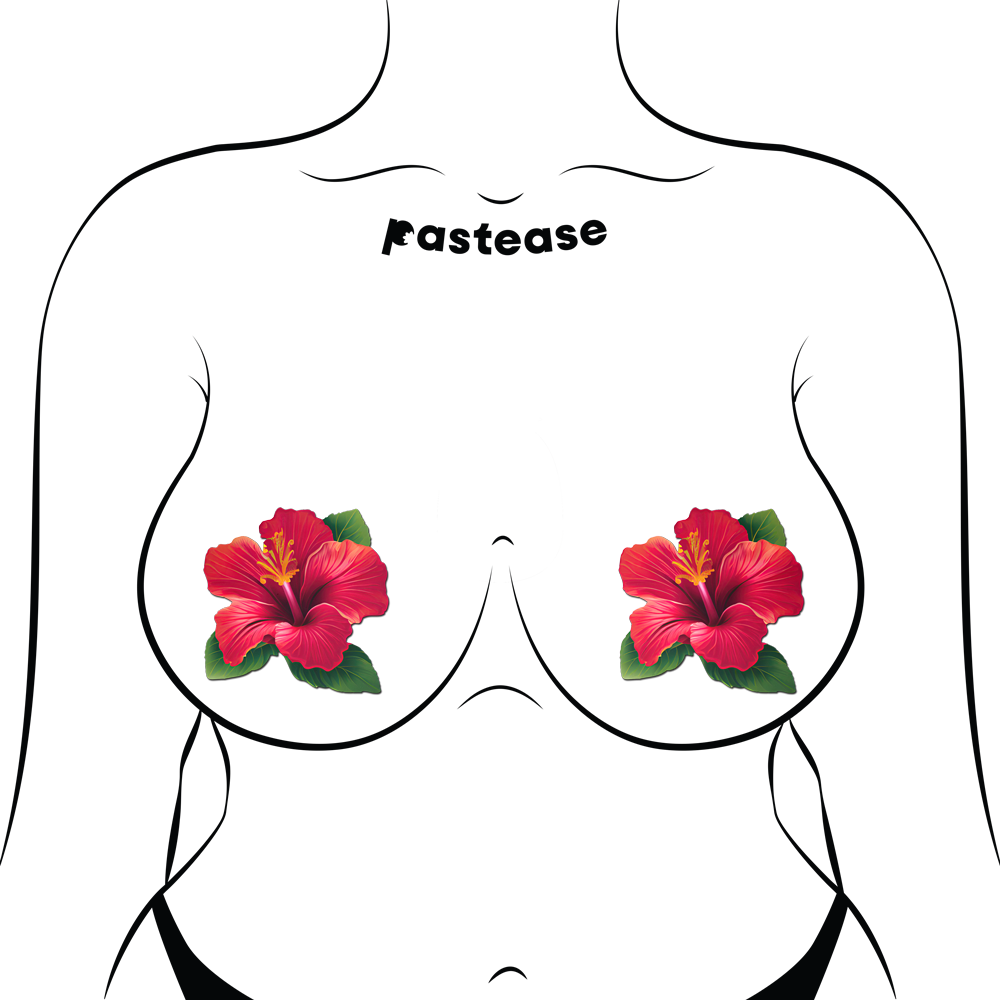 Tropical Vibrant Red Hawaiian Hibiscus Botanical Flower Breast Pasties by Pastease®