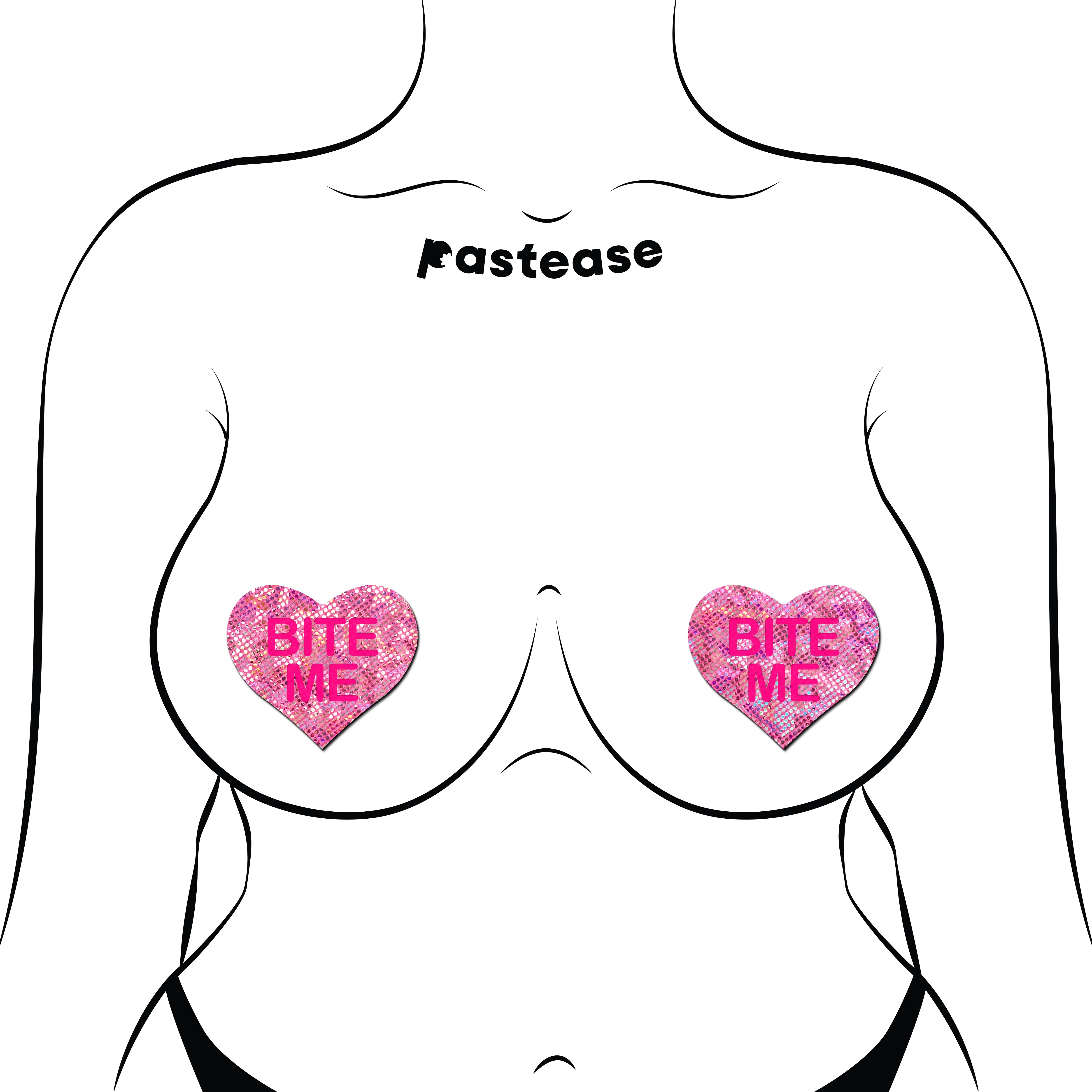 Love: Disco Pink Heart with 'Bite Me' Nipple Pasties by Pastease® o/s