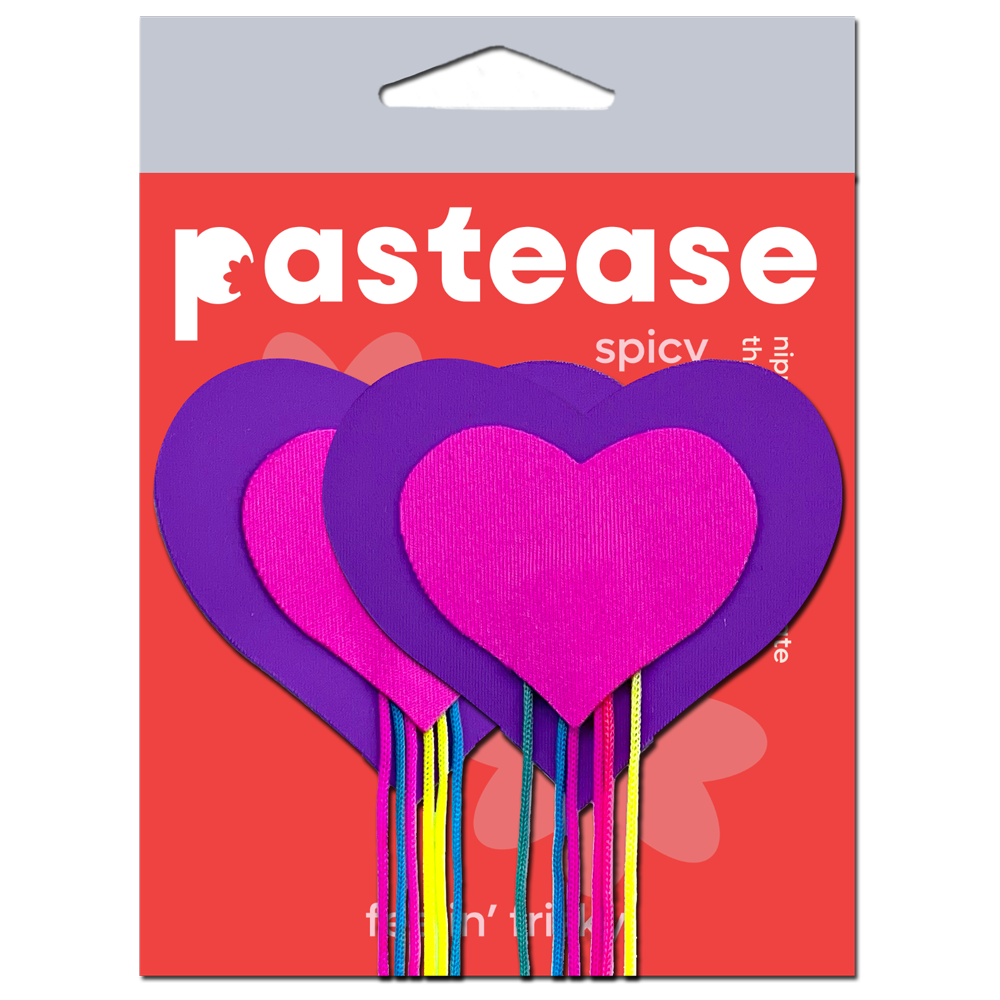 Tassel Pasties: Neon Pink & Purple Hearts with Rainbow Tassel Fringe Nipple Covers by Pastease®