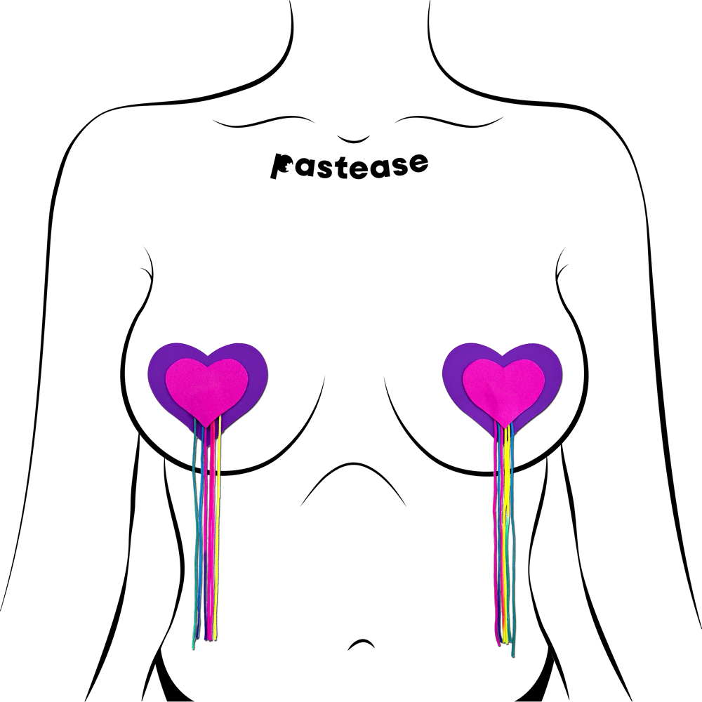 Tassel Pasties: Neon Pink & Purple Hearts with Rainbow Tassel Fringe Nipple Covers by Pastease®