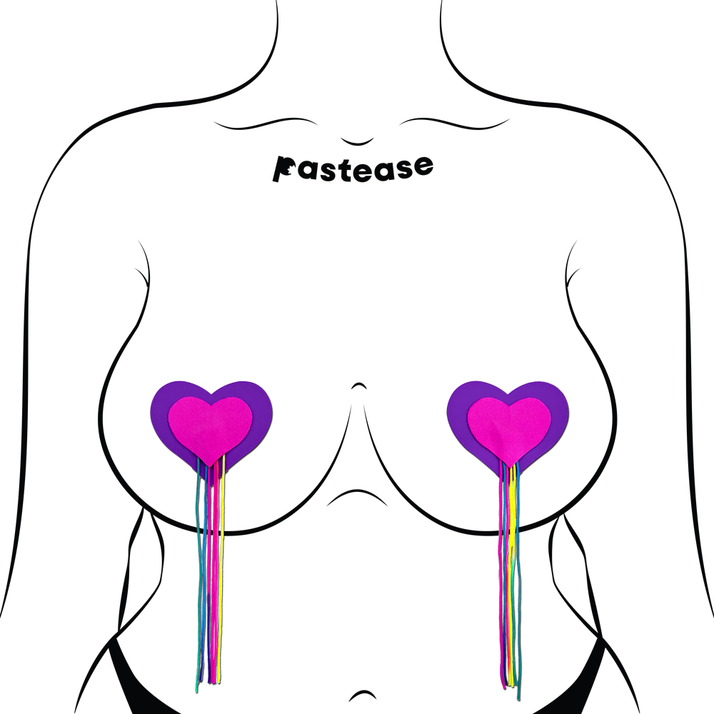 Tassel Pasties: Neon Pink & Purple Hearts with Rainbow Tassel Fringe Nipple Covers by Pastease®