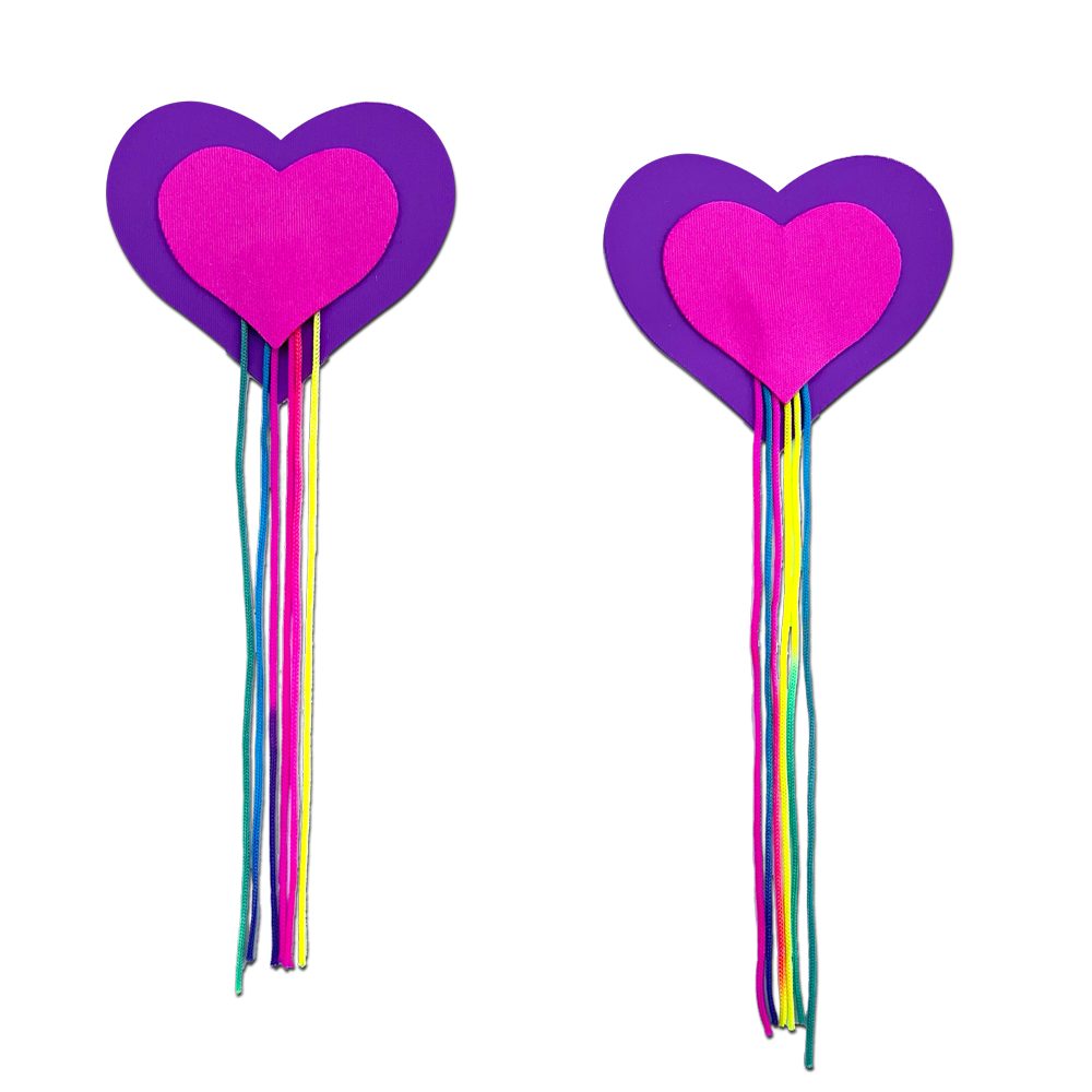 Tassel Pasties: Neon Pink & Purple Hearts with Rainbow Tassel Fringe Nipple Covers by Pastease®