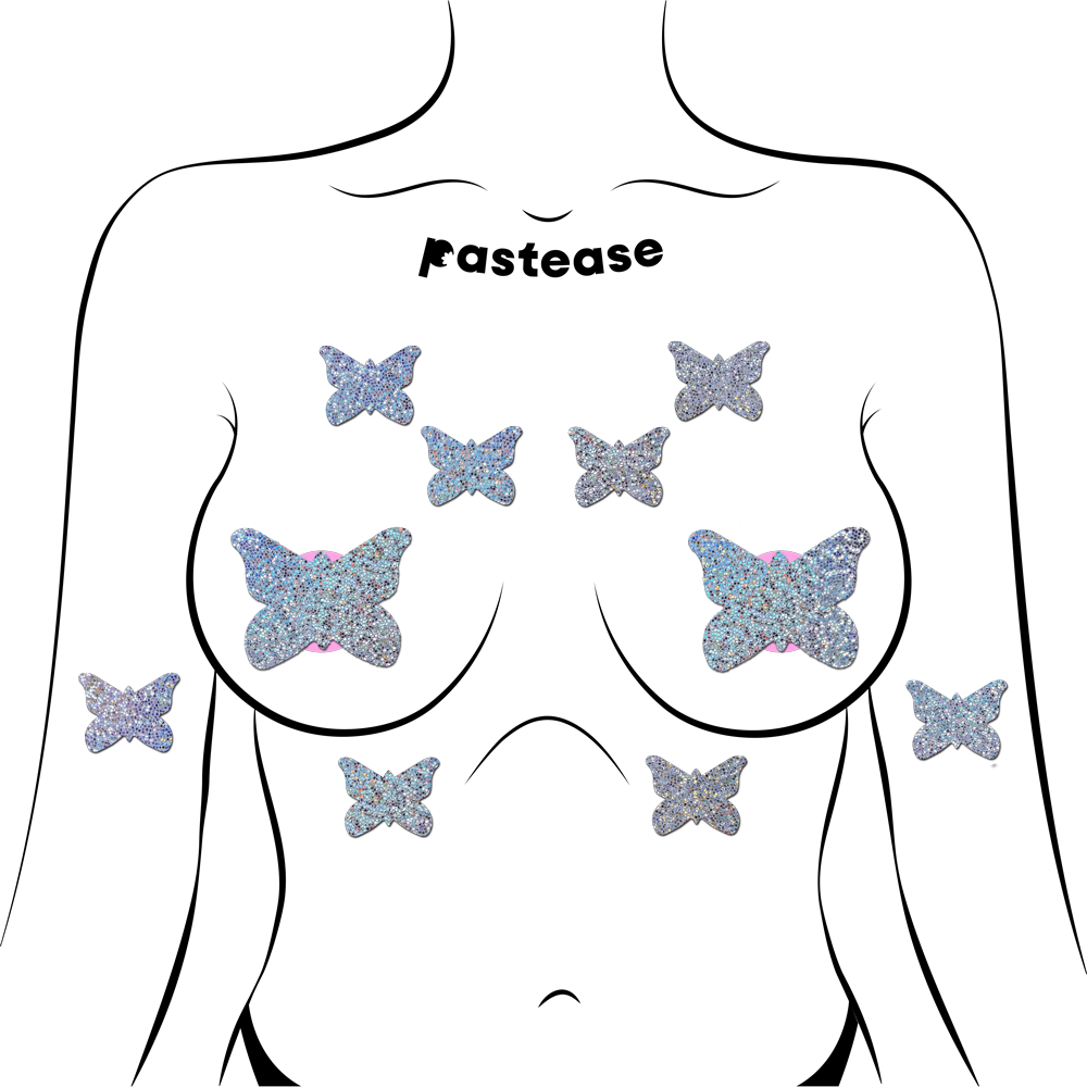 Body Minis: 10 Mini Silver Glitter Butterflies Nipple and Body Pasties by Pastease® o/s