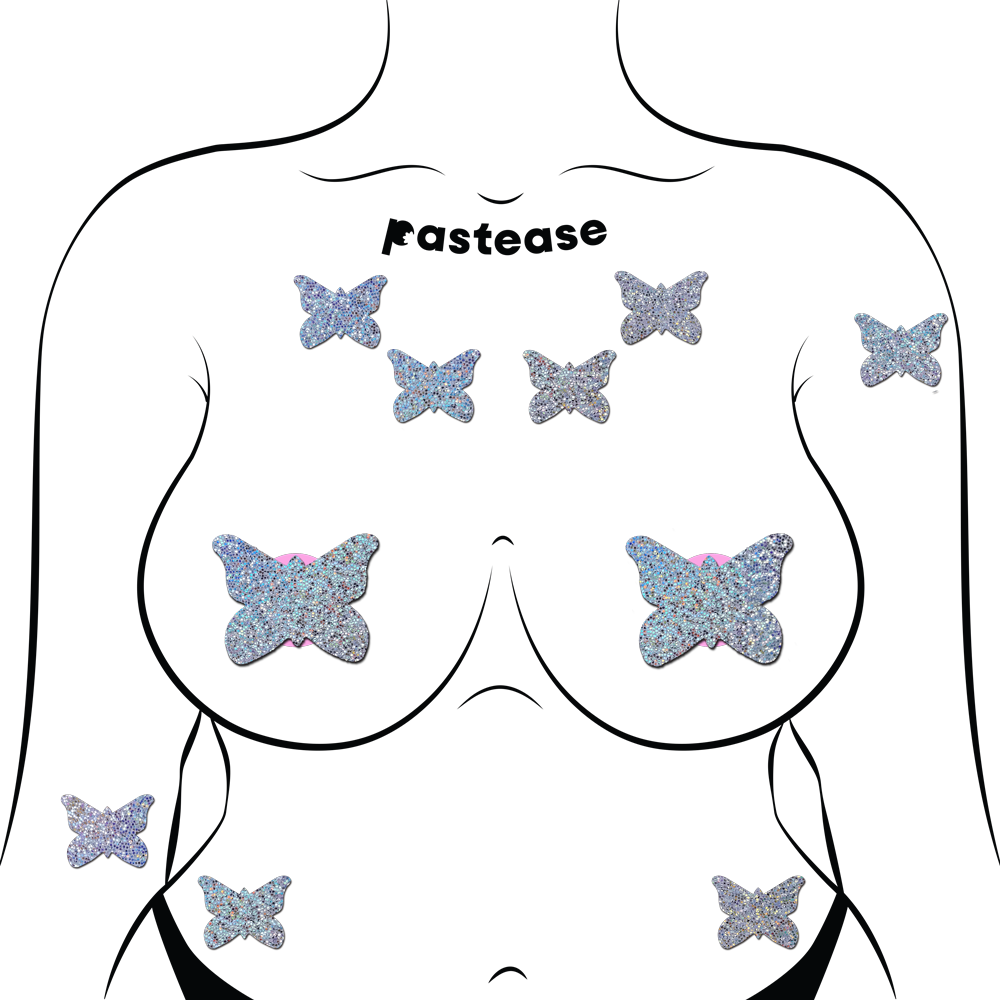 Body Minis: 10 Mini Silver Glitter Butterflies Nipple and Body Pasties by Pastease® o/s