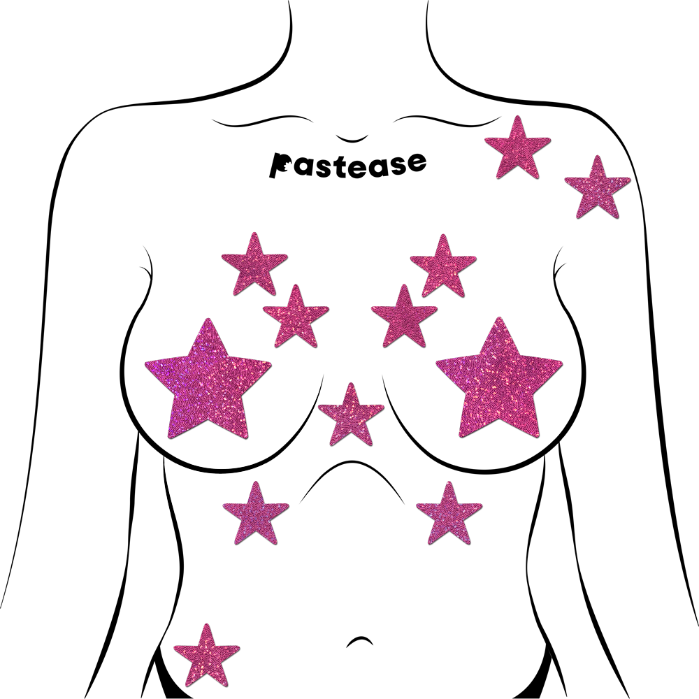 Body Minis: 10 Mini Hot Pink Glitter Stars Nipple & Body Pasties by Pastease® o/s
