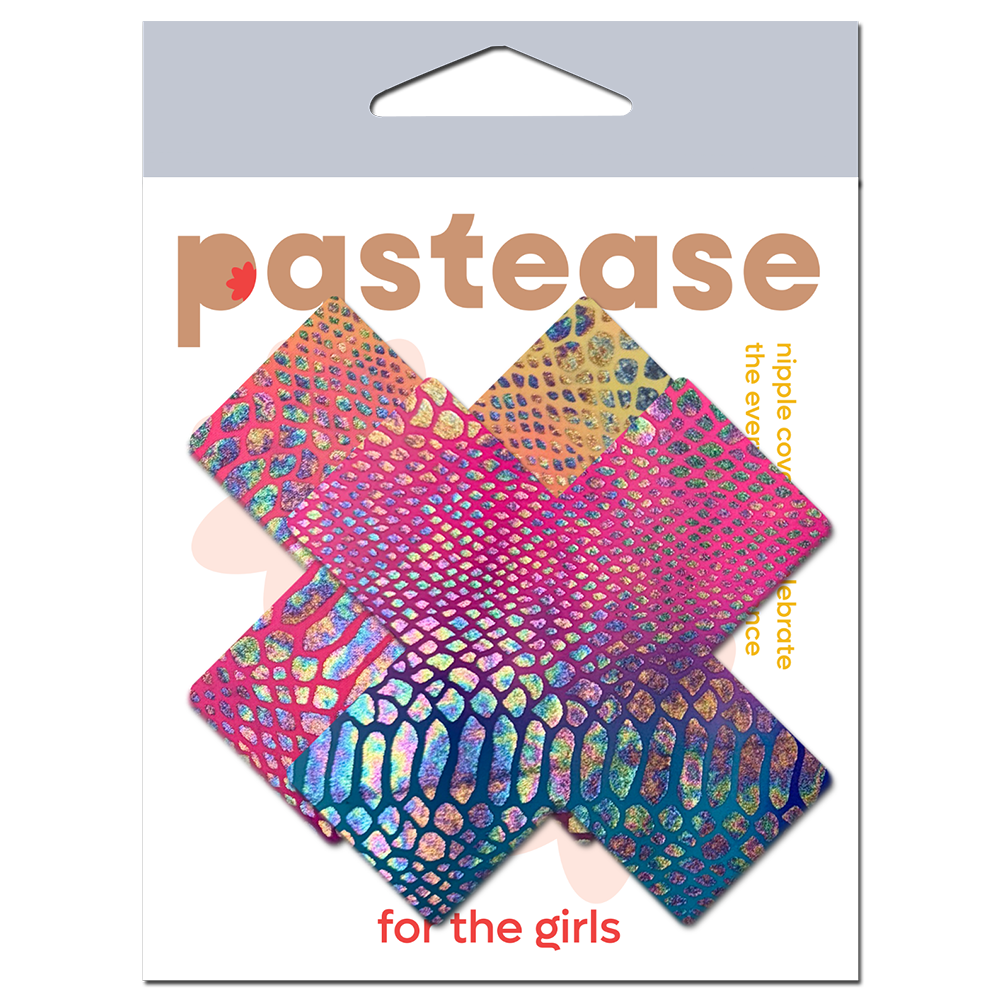 Plus X: Neon Rainbow Tie Dye Snake Print Cross Nipple Pasties by Pastease® o/s