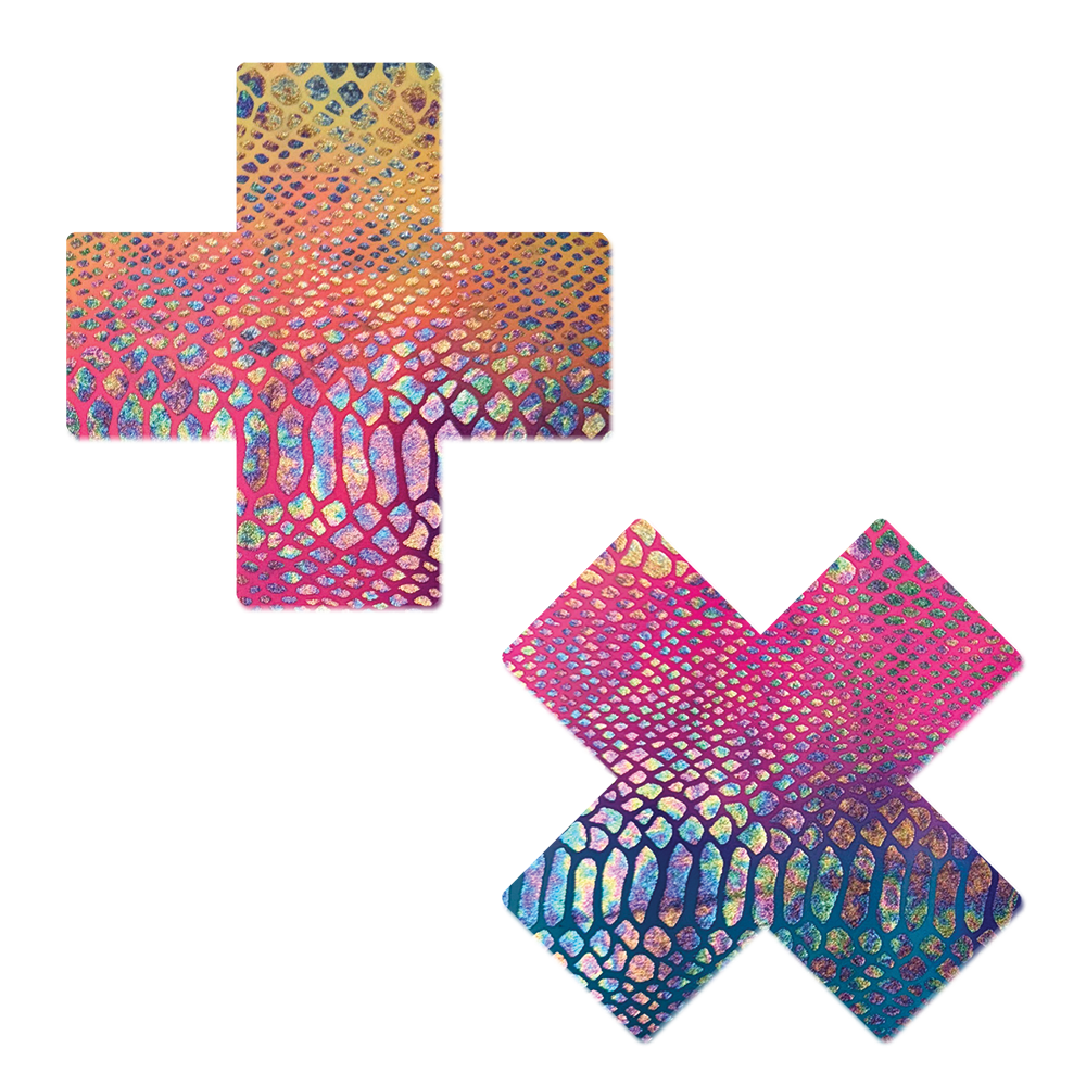 Plus X: Neon Rainbow Tie Dye Snake Print Cross Nipple Pasties by Pastease® o/s