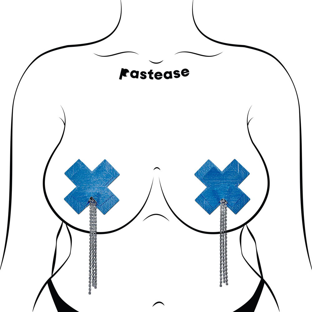 Tassel Pasties: Denim Plus X Pastease with Long Rhinestone Tassel Nipple Pasties by Pastease®