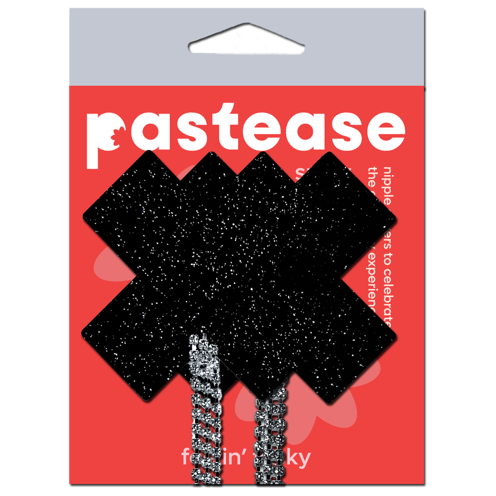 Tassel Pasties: Black Sparkle Plus X Pastease with Long Rhinestone Tassel Nipple Pasties by Pastease®