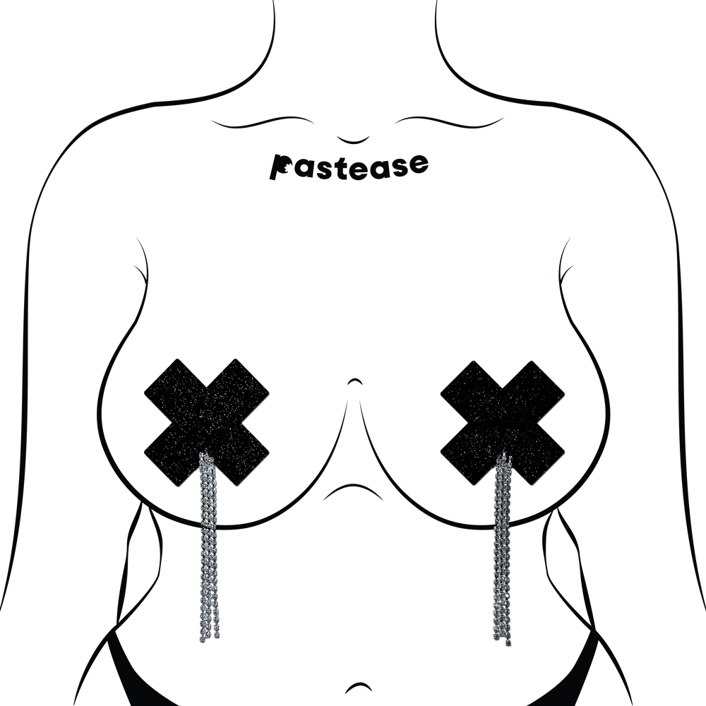 Tassel Pasties: Black Sparkle Plus X Pastease with Long Rhinestone Tassel Nipple Pasties by Pastease®