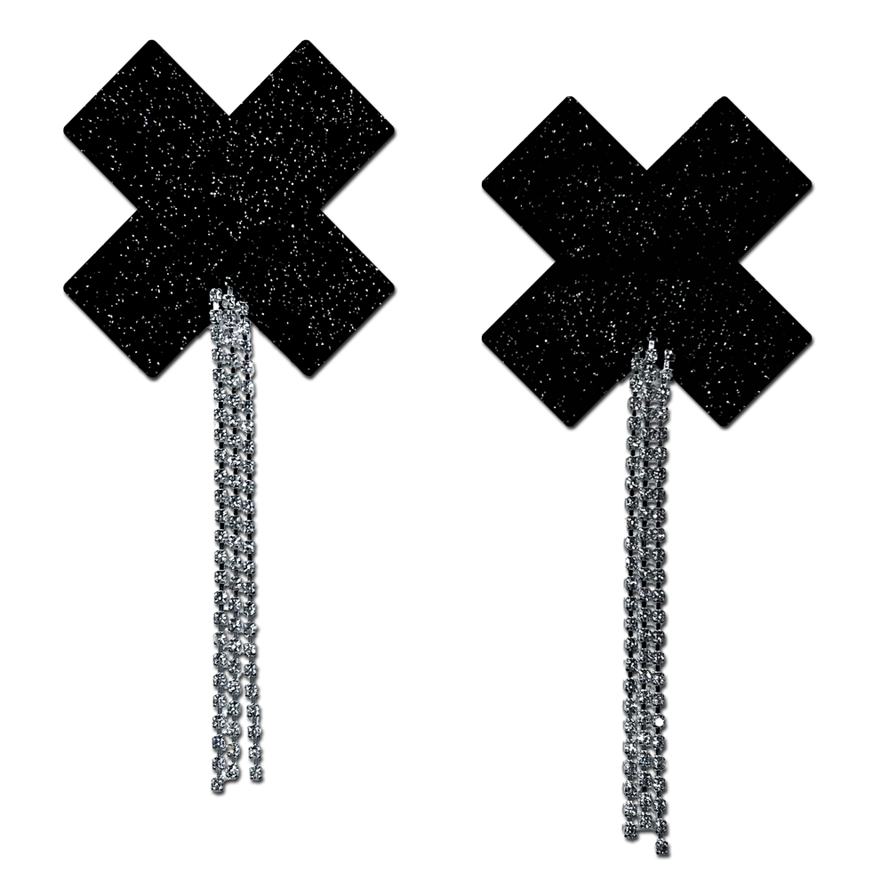 Tassel Pasties: Black Sparkle Plus X Pastease with Long Rhinestone Tassel Nipple Pasties by Pastease®