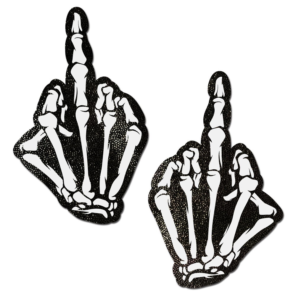 Middle Finger Skeleton Hand Pasties Glow in the Dark White & Black Boney Hand Nipple Covers by Pastease®