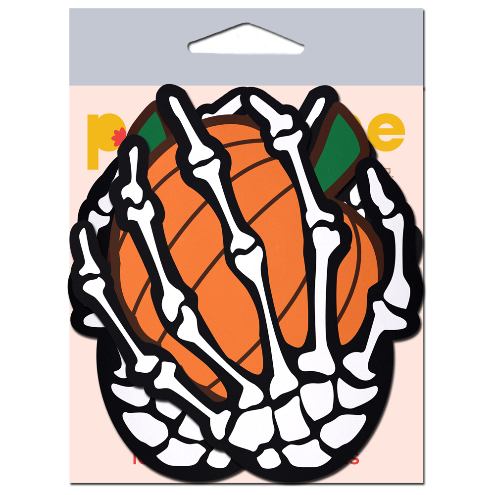White Boney Skeleton Hands Holding Orange Halloween Pumpkins Breast Pasties by Pastease®