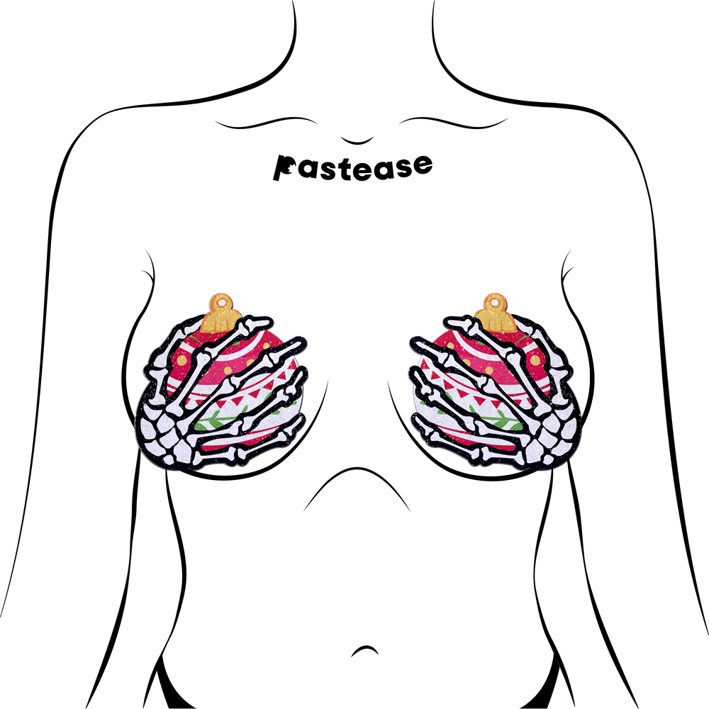 White Boney Skeleton Hands Holding Christmas Holiday Ornament Breast Pasties by Pastease®