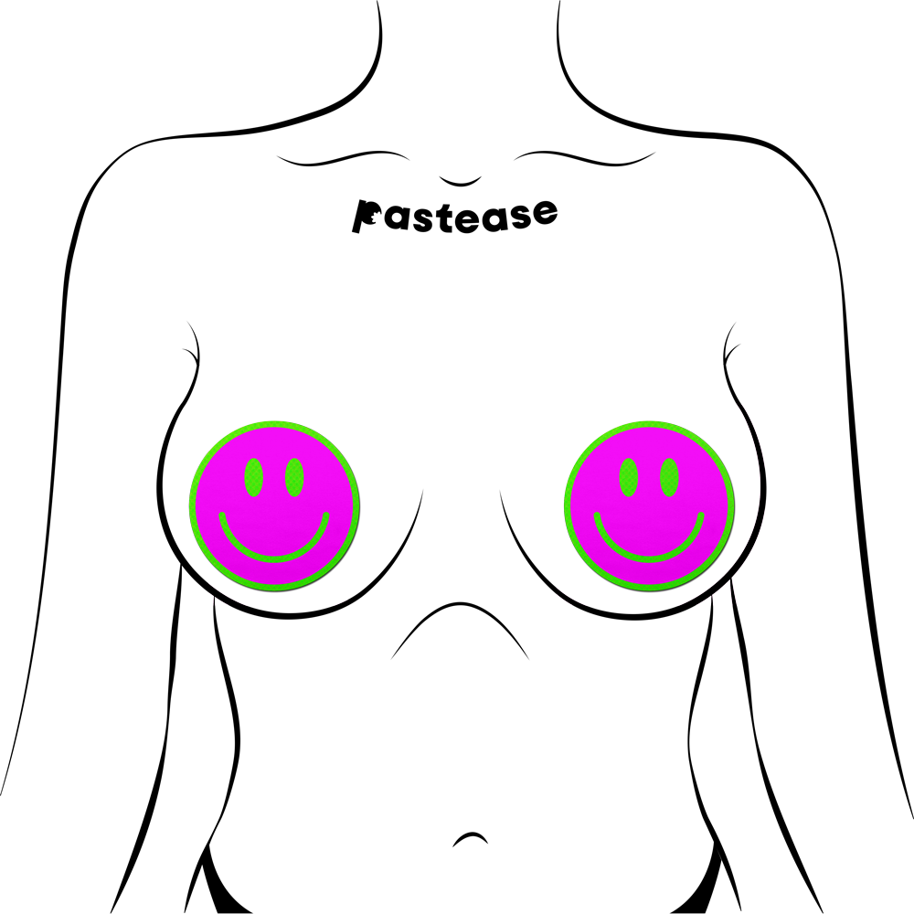 Neon Green Glow-in-the-Dark Pink Smiley Face Breast Pasties by Pastease®