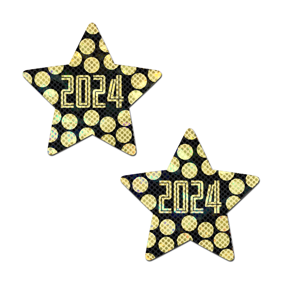 Happy New Year Pasties 2024 Black & Gold Star Nipple Covers