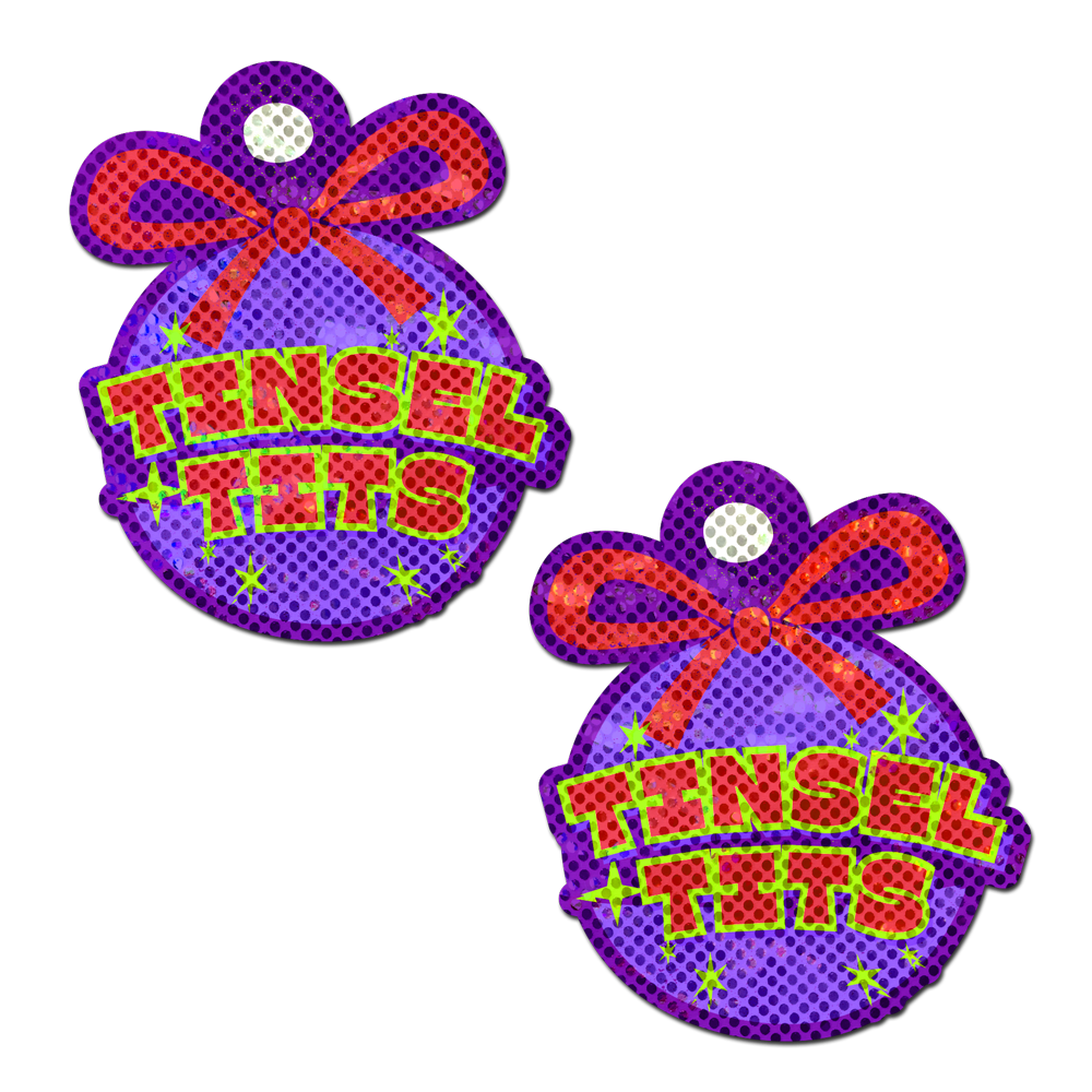 Tinsel Tits Holiday Ornament on Disco Glitter Purple Breast Pasties by Pastease®