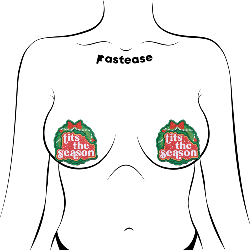 Tits the Season Holiday Green Wreath on Glittery Velvet Breast Pasties by Pastease®